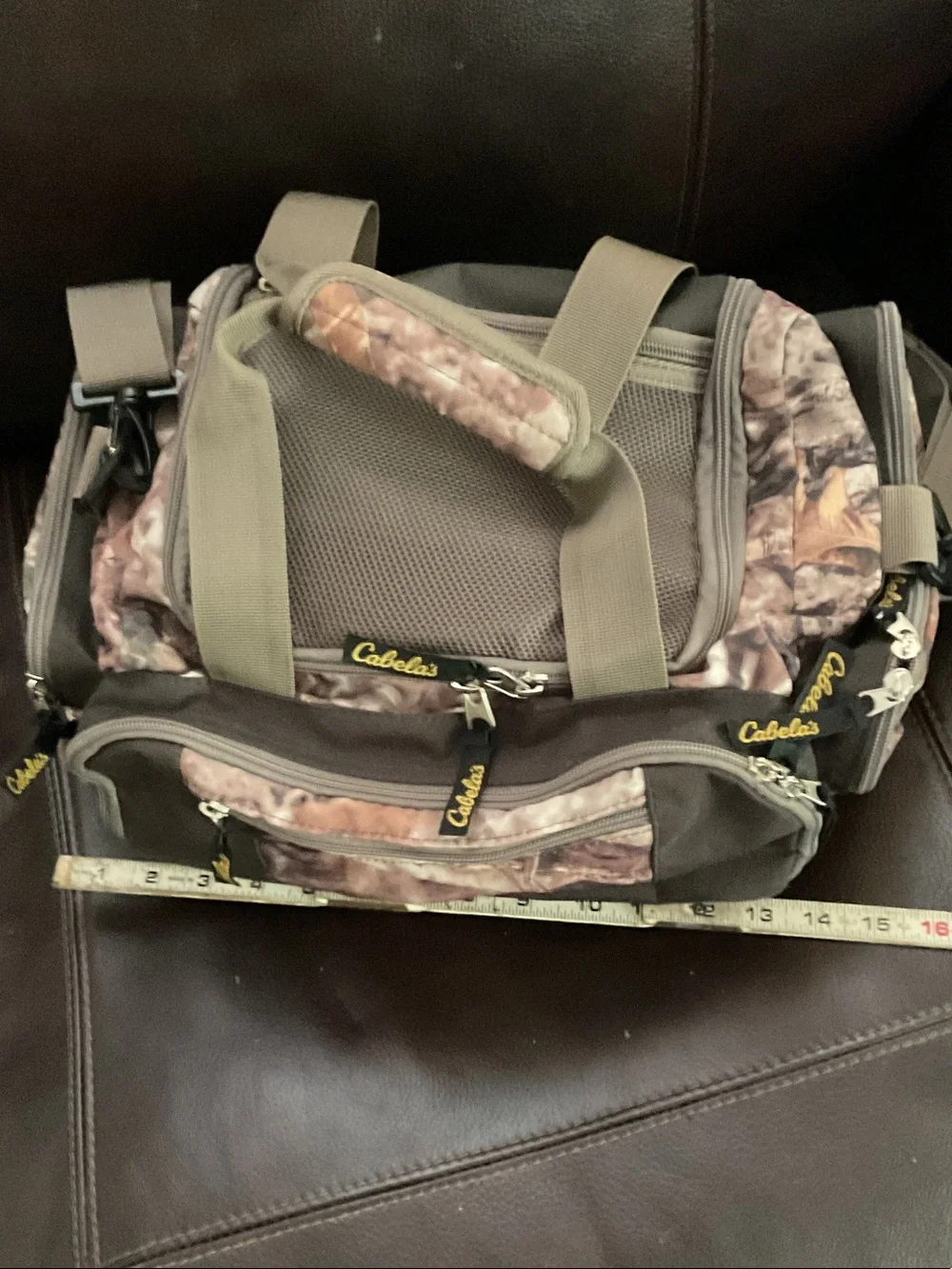 Cabela's Camo and Olive Green Duffel Bag with Yellow Logo